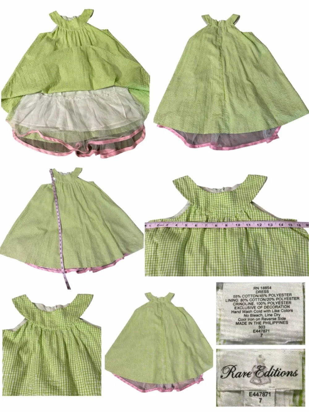 Rare Editions Green Gingham Dress Girls Size 7 Easter Spring Tulle Lined